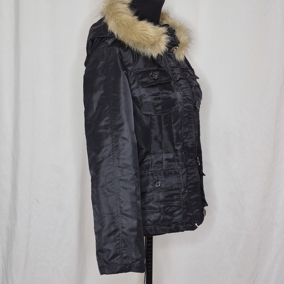 Alpha Industries Adrienne Black Nylon Jacket Attached Hood Removable Fur Trim -S - Picture 3 of 16